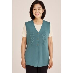 Vintage Lucia Petites Green Floral Embroidered Sweater Vest Large L Floral Green